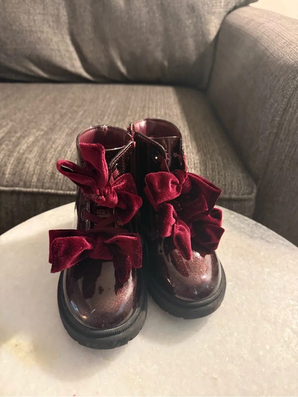 Cat & Jack Burgundy Patent Lace-Up Boots with Velvet Bows